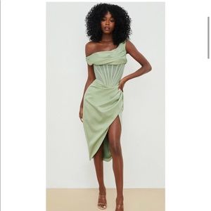 HOUSE OF CB Pistachio Mint Green LULU corset Sheer Panel Satin Draped Sexy dress